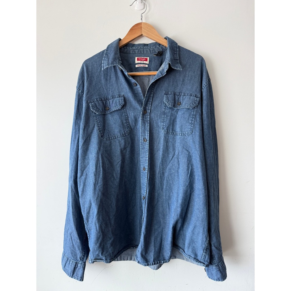 Wrangler Mens Blue Denim Long Sleeve Button Down Shirt Flex Comfort 2XL 2XT